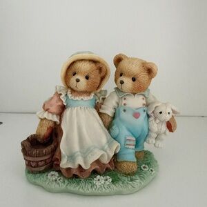 Charming Bear Couple Figurine with Basket and Bunny